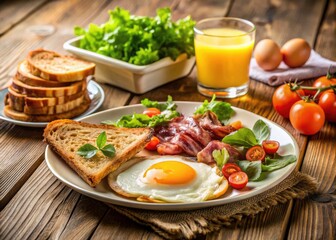 High-resolution image: A mouthwatering Full English breakfast â€“ bacon, eggs, toast, salad, and OJ.