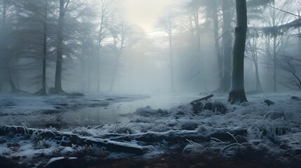 Naklejka premium Enchanting and mystical winter landscape in a frosty mist shrouded forest A serene and tranquil scene of a foggy morning in the snowy woodlands
