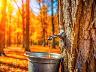 High-resolution image captures maple syrup's essence: tapping trees, boiling sap, and the sweet reward.