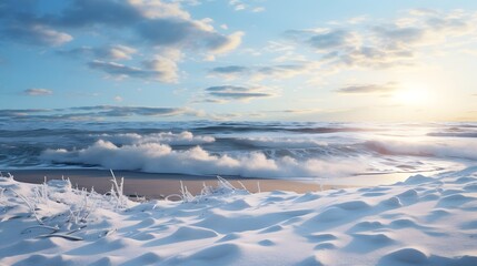 Obraz premium Breathtaking frozen coastal landscape with icy ocean waves crashing against a snowy shoreline under a serene winter sky Tranquil and atmospheric natural scenery