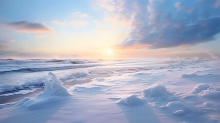 Obraz premium Frozen beach with snow meeting the icy ocean waves in a serene minimalist winter landscape Tranquil and peaceful coastal scene with a calm blue horizon