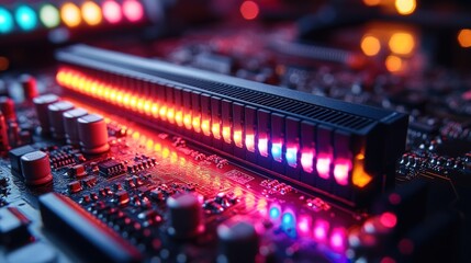 Illuminated circuit board with LED lights.