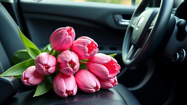 a bouquet of tulips in the car interior on the dashboard and on the seat. Generative 4k video.