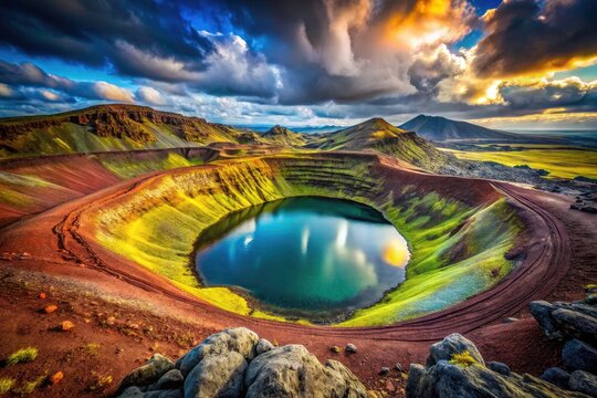 Iceland's Eldborg crater: a dramatic volcanic aerial close-up showcasing surreal lighting and textures.