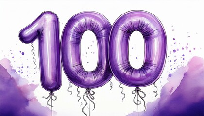 Purple birthday / anniversary party balloon, number 100, watercolor painting with white background