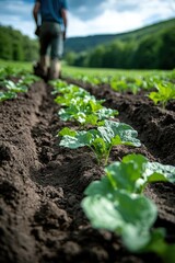 Farmer plants young crops in fertile soil.