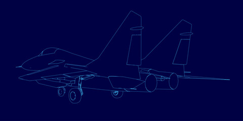 Blue jet is shown in a blue image. The jet is a fighter jet and is shown in a stylized way. The image has a futuristic and sleek look to it