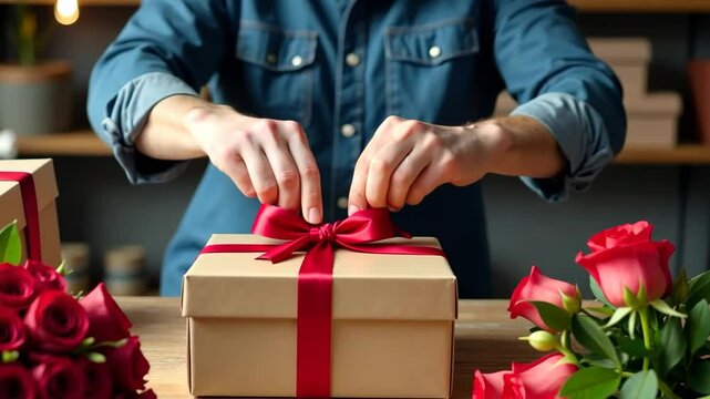 Men's hands wrap a gift box with a red ribbon. On a table with flowers. for the holidays, Valentine's Day, a pleasant surprise. Generative 4k video.