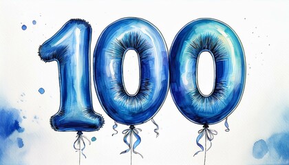 Blue birthday / anniversary party balloon, number 100, watercolor painting with white background