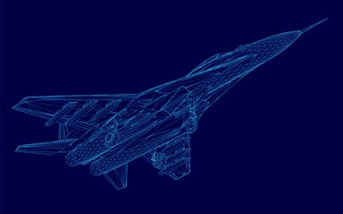 Blue jet is shown in a computer generated image. The jet is in the middle of the image and is the main focus. The image has a futuristic and technological feel to it
