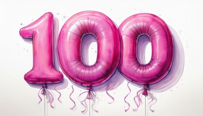 Pink birthday / anniversary party balloon, number 100, watercolor painting with white background