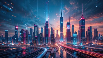 Fototapeta premium City skyline at dusk with vibrant lights and digital elements highlighting modern architecture and bustling urban life