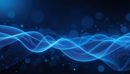 Digital waves of blue light create an abstract background with shimmering particles