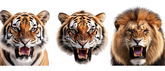 A set of fierce jungle animals, including a tiger and a lion, staring intensely on a white background transparent background