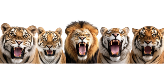 A group of wild animals, including a lion and a tiger, showcasing their strength and beauty on a white background transparent background