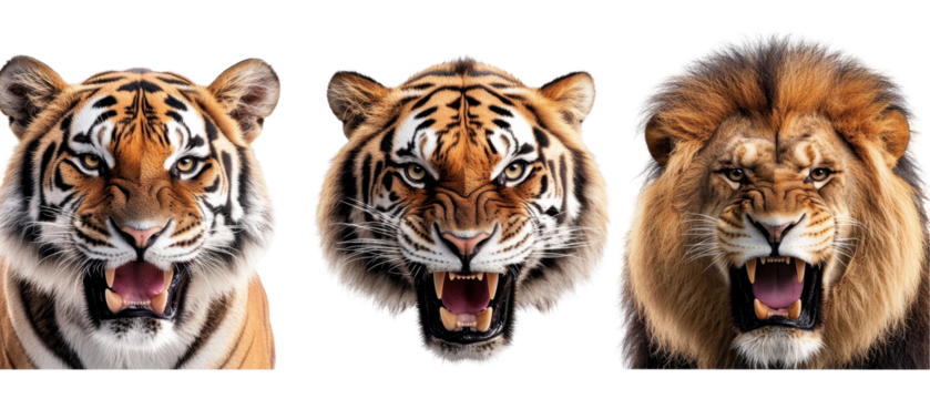 A set of fierce jungle animals, including a tiger and a lion, staring intensely on a white background transparent background