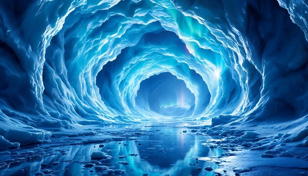 Enigmatic Ice Cave with Glowing Aurora Borealis: A Mystical Polar Landscape