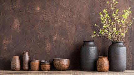 Rustic pottery arrangement with spring branch, dark background, home decor