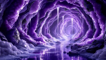 Obraz premium Enthralling Journey Through a Glowing Purple Crystal Cave: A Digital Fantasy Landscape