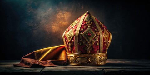 Low-light photography reveals the intricate detail of traditional Dutch headwear, a Bishop's Mitre, at a nighttime celebration.