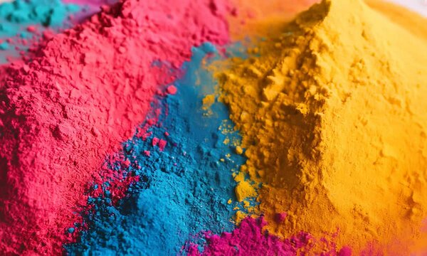 A vibrant display of colorful powdered pigments arranged in a gradient, hues of pink, blue, yellow, and orange.