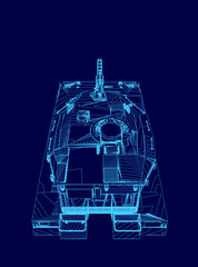Blue drawing of a tank with a gun on top. The tank is shown in a 3D perspective