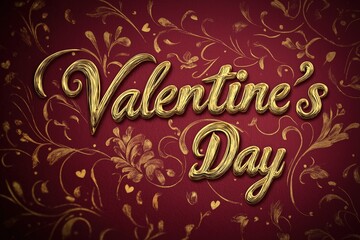 Elegant golden Valentine’s Day lettering with ornate floral patterns on a deep red textured background, symbolizing luxury and romance