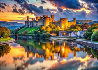 Majestic Conway Castle dominates stunning Welsh scenery; captivating river and castle photography.
