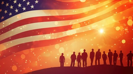 A dynamic Labor Day background with a group of workers silhouetted against a waving American flag, symbolizing teamwork and national pride