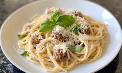 A plate of spaghetti topped with meatballs, Generative AI