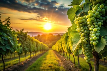 Naklejka premium Minimalist sunrise: vibrant green grapevines stretch to the horizon, bathed in dawn's glow.