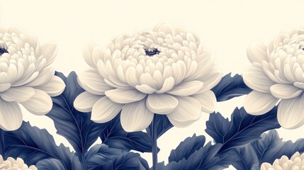 Obraz premium Elegant floral pattern showcasing large white chrysanthemums with lush green leaves on a soft background