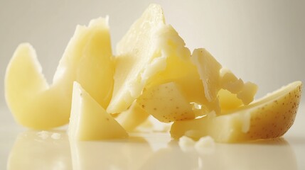 Close-up of broken pieces of pale yellow cheese on a reflective surface.