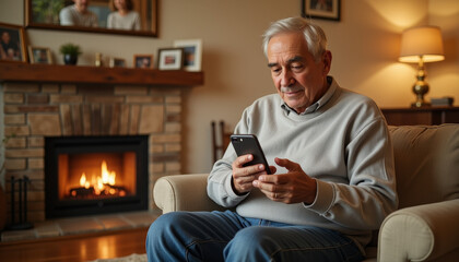 Elderly man enjoys leisurely evening while browsing his smartphone in a cozy, warmly lit living room