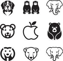 Nine minimalist black and white logos featuring animals and an apple