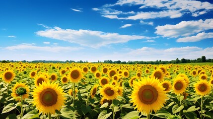 Fototapeta premium Vibrant Sunflower Field Bathed in Warm Sunlight Under a Bright Blue Sky Landscape Scenic Rural Countryside View with Blooming Yellow Flowers and Endless Horizon