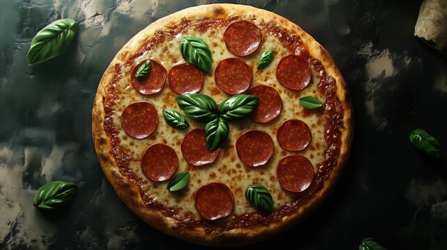 The freshly baked pepperoni pizza, golden and crispy, is topped with vibrant basil leaves, resting on a dark surface that accentuates its delicious, savory appeal.