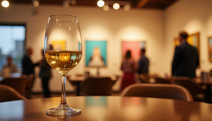 Elegant gathering in an art gallery with sparkling wine creating a warm atmosphere