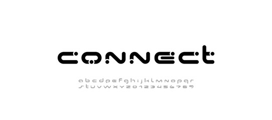 Technical wide future font, digital cyber alphabet, letters A, B, C, D, E, F, G, H, I, J, K, L, M, N, O, P, Q, R, S, T, U, V, W, X, Y, Z and numerals 0, 1, 2, 3, 4, 5, 6, 7, 8, 9