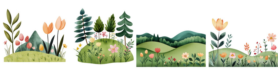 Lush meadow landscape with colorful flowers and greenery in watercolor style, isolated on transparent background.