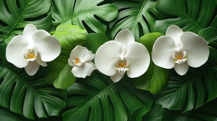 Obraz premium Elegant white orchids blooming among lush green tropical leaves in a serene garden setting