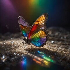A butterfly framed by rainbow light through a crystal prism.