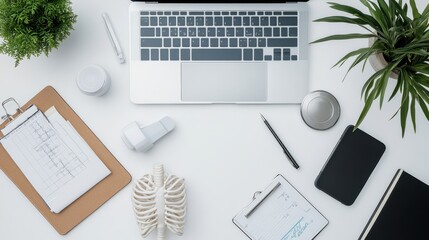 Aerial view of a modern workspace with a laptop, medical model, and office supplies on a desk