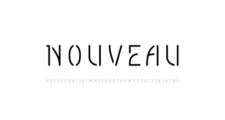 Font stencil alphabet made nouveau art deco style, uppercase letters from A to Z and numbers from 0 to 9, vector illustration 10EPS