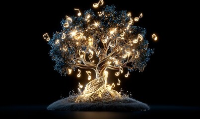 Enchanted Tree of Harmony, a luminous golden tree intertwined with floating ethereal music notes, radiating a serene and magical atmosphere.
