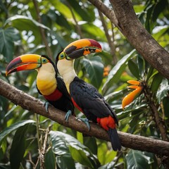 Naklejka premium A pair of toucans sharing a fruit on a sunny day.