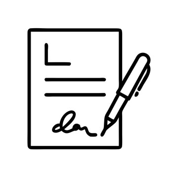 recommend clip art: Contract with pen and signature in black and white outline