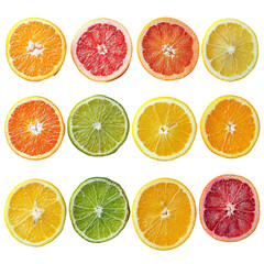 Colorful Variety of Citrus Fruit Slices Isolated on White Background - Vibrant Orange, Lime, and Lemon for Freshness and Healthy Eating PNG
