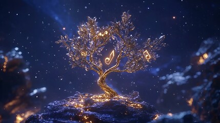 Fantasy tree adorned with shimmering metallic silver and gold branches, set against a mystical backdrop of vibrant colors and ethereal light.