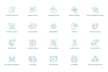 Comprehensive AI Agents Icon Set. Autonomous learning, decision-making, knowledge sharing, pattern recognition, natural language processing, and more icons for intelligent AI systems. Vector icon set.